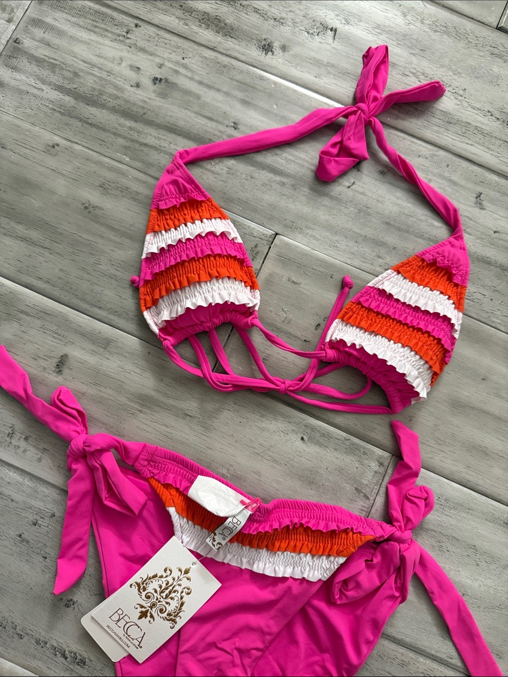 BECCA Hot Pink Striped Ruffle Bikini